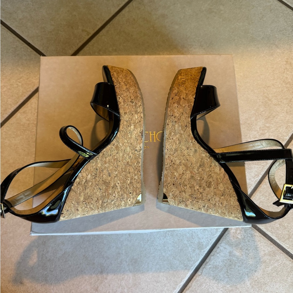 Jimmy Choo Portia Cork Wedge CrissCross Sandals - Black Patent - Picture 8 of 10